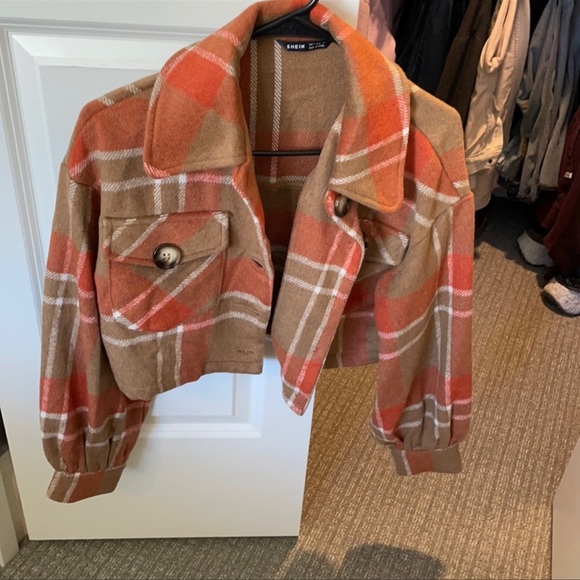SHEIN Jackets & Blazers - SHEIN Cropped flannel tan and orange jacket